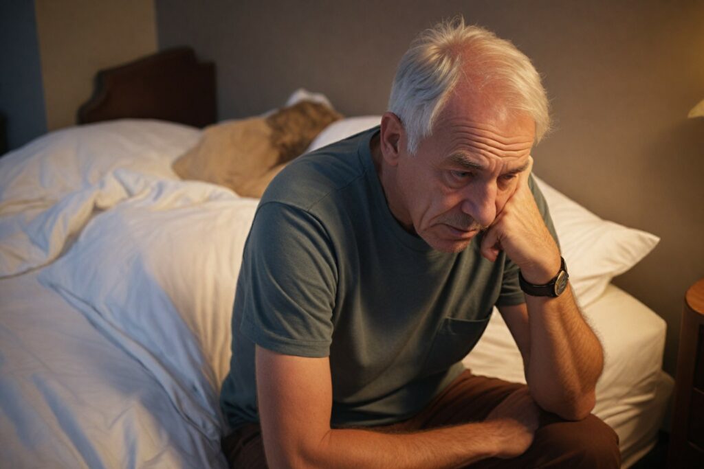 Insomnie stress et anxiété, un homme rumine ses pensées sur le bord de son lit