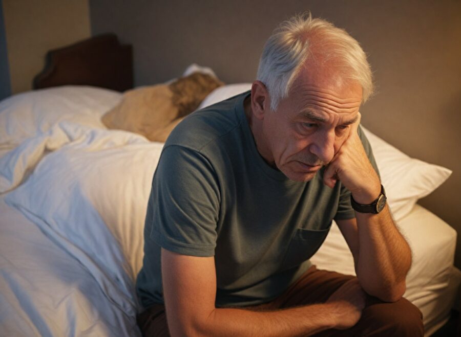 Insomnie stress et anxiété, un homme rumine ses pensées sur le bord de son lit